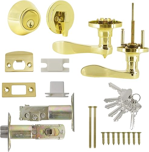 Miniatura 7 de Paquete combinado de 6, palancas de puerta de entrada frontal de latón pulido con cerrojo de un solo cilindro con llave igual, cerraduras de puerta