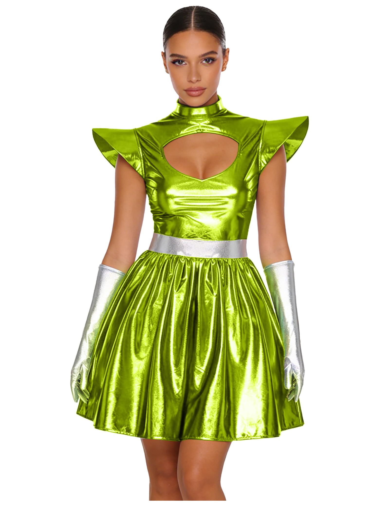 Manyakai Women Alien Costume Shiny Metallic Flying Sleeve Dress with Gloves Star Fire Cosplay Theme Outfits Green S
