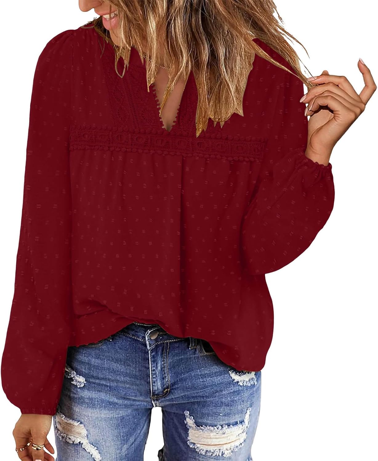Boho Tops for Women Spring Summer Thin Long Sleeve Shirts Dressy Casual V Neck Fashion Tops Swiss Dot Flowy Blouses