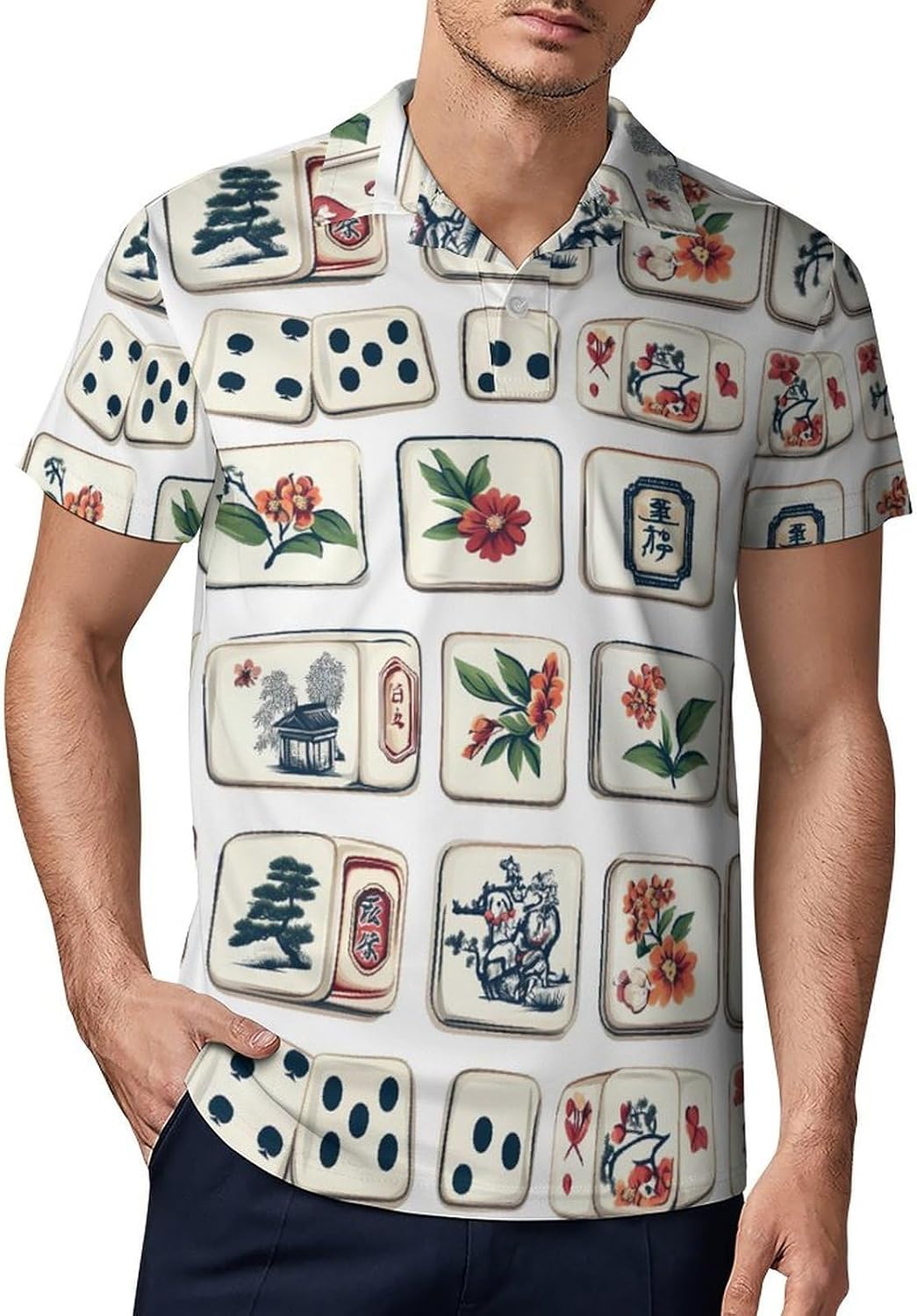 Chinese Mahjong Mens Polo Shirt Short Sleeve Golf Shirts Casual Sport T-Shirt for Business Gym