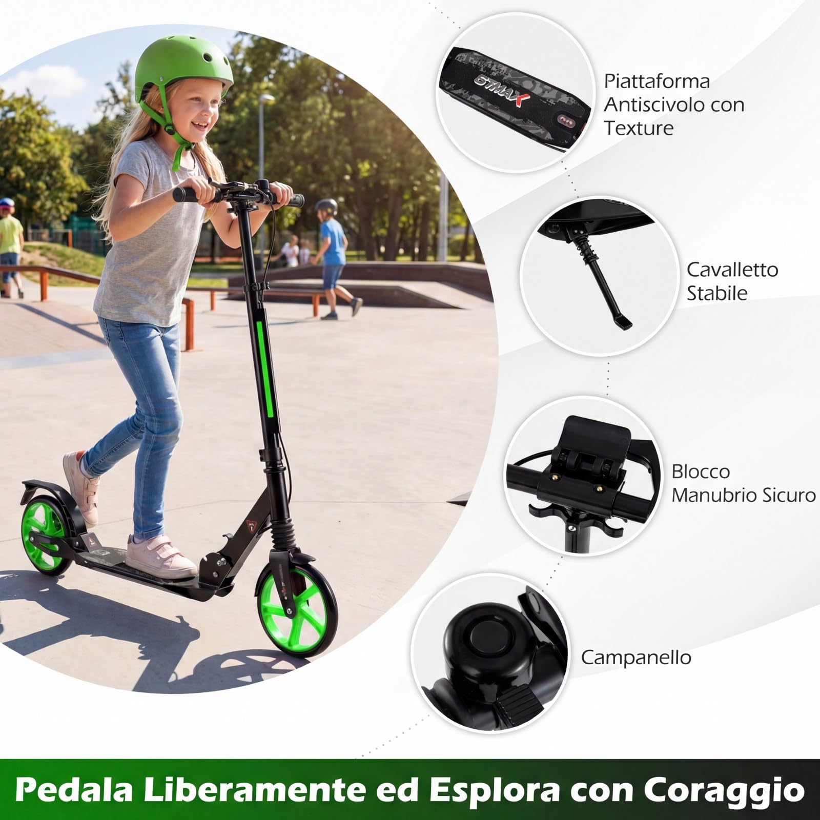 COSTWAY Monopattino Bambini e Adulti, Monopattino a Spinta Pieghevole e Regolabile in 3 Altezze, Monopattino Portatile con 2 Ruote, Cavalletto, Freno e Pedale Antiscivolo, Portata 100 kg