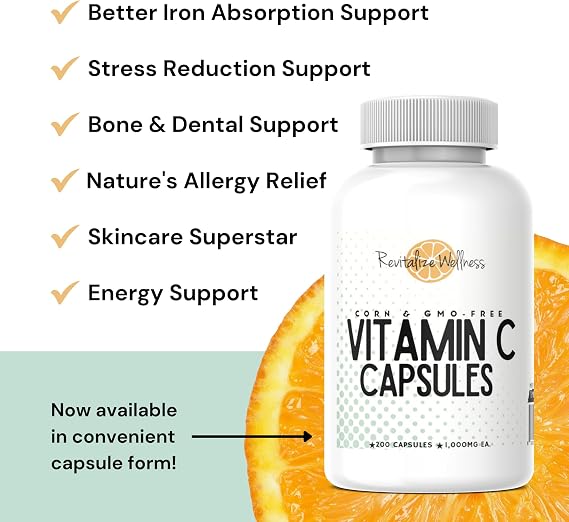 Vitamin C Capsules | Pure, Corn, GMO-Free | 1000 mg Vitamin C Per Capsule | 200 Capsules
