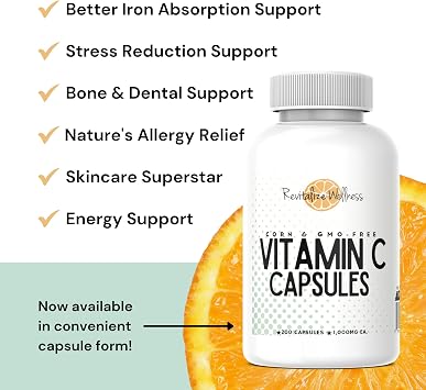 Vitamin C Capsules | Pure, Corn, GMO-Free | 1000 mg Vitamin C Per Capsule | 200 Capsules