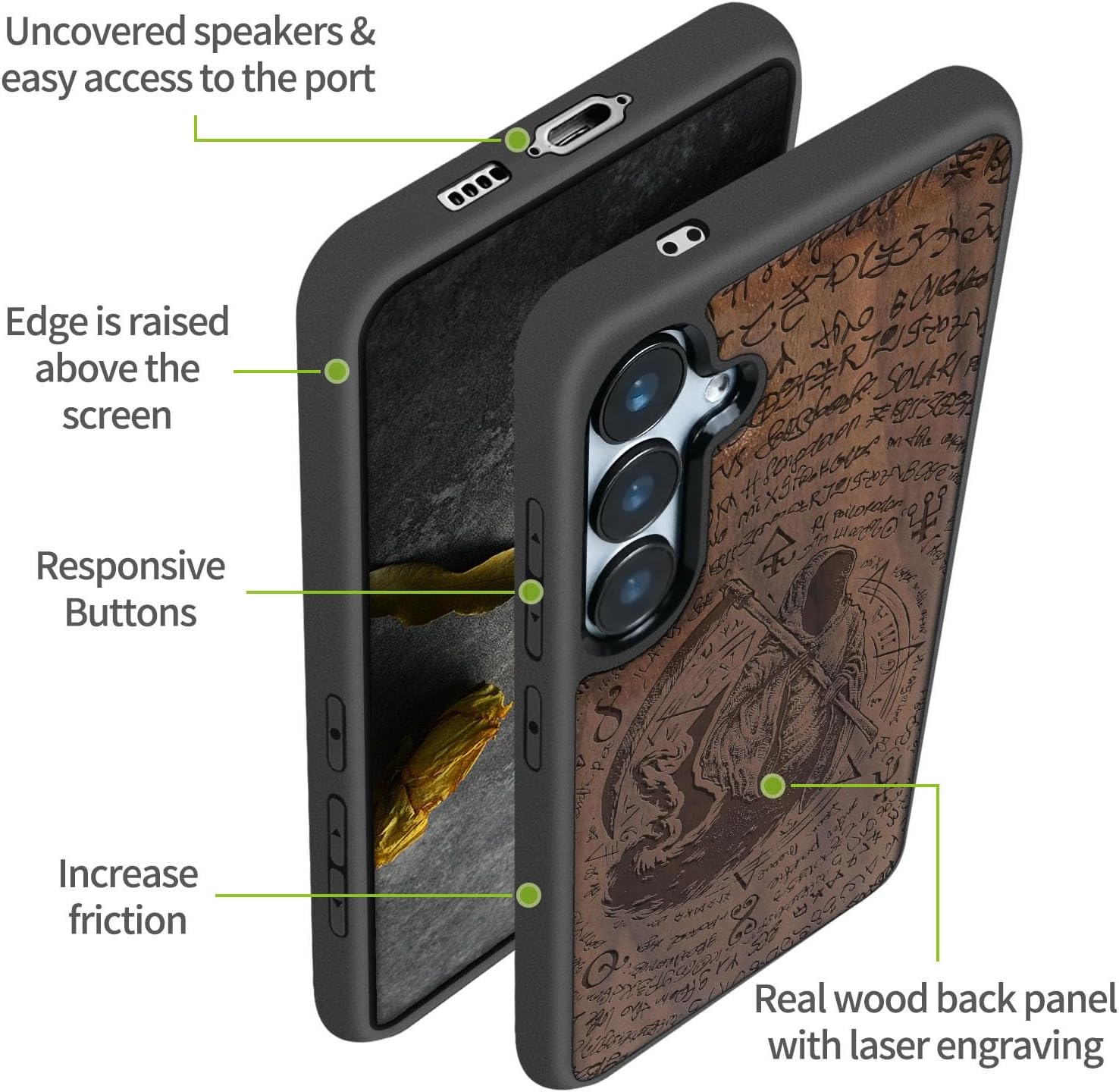 Carveit Wood Case for Galaxy S24 FE Case [Natural Wood & Black Soft TPU] Shockproof Protective Cover Unique Wooden Design Compatible with S24 FE (The Grim Reaper of Carved-Walnut)