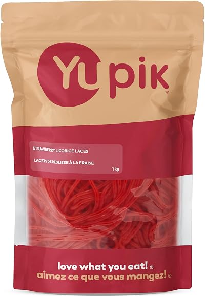 Yupik Strawberry Licorice Laces, 1 kg, Red Candy, Sweet Flavor, Chewy, Spaghetti-Like Candy, Licorice Texture, Fun Treat, Delicious Snack, Ideal for Gifting & Decorating