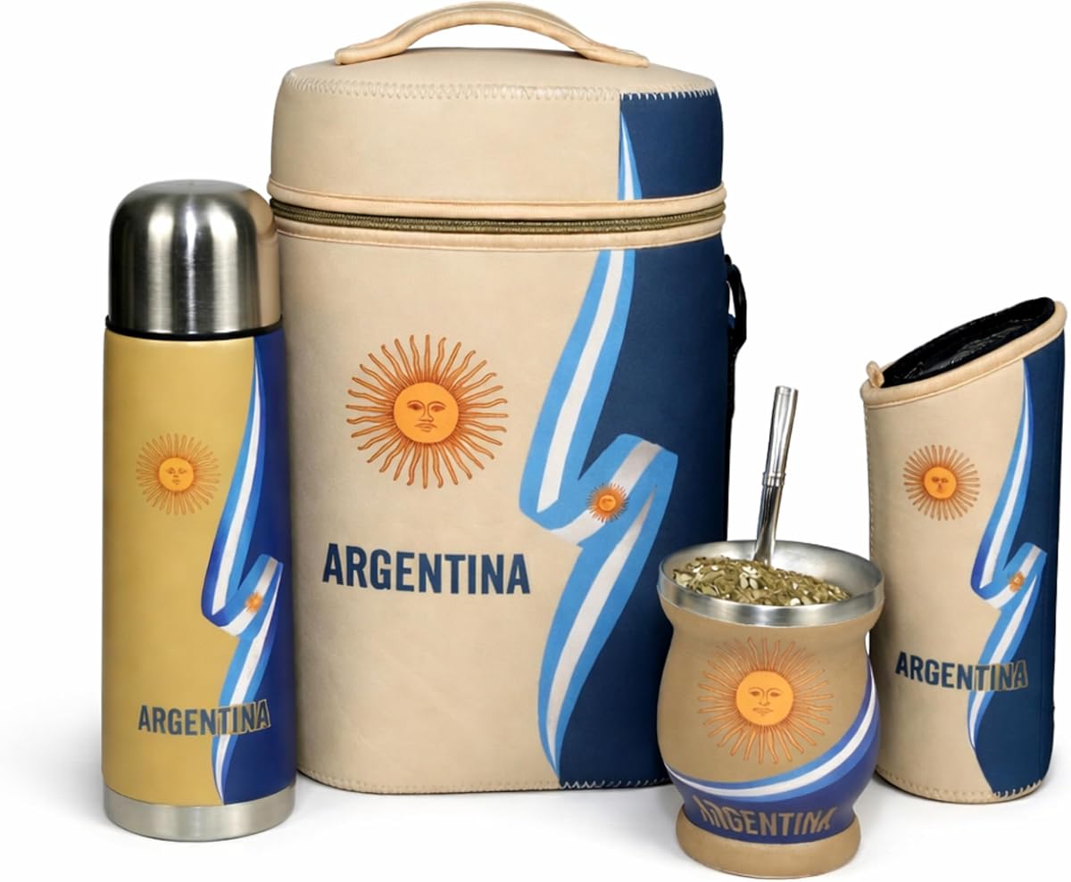 Kit de Yerba Mate Argentina – Juego de taza y bombilla de acero inoxidable de primera calidad con botella aislada al vacío de 750 ml, recipiente para yerba y bolsa de neopreno – Auténtico diseño argentino