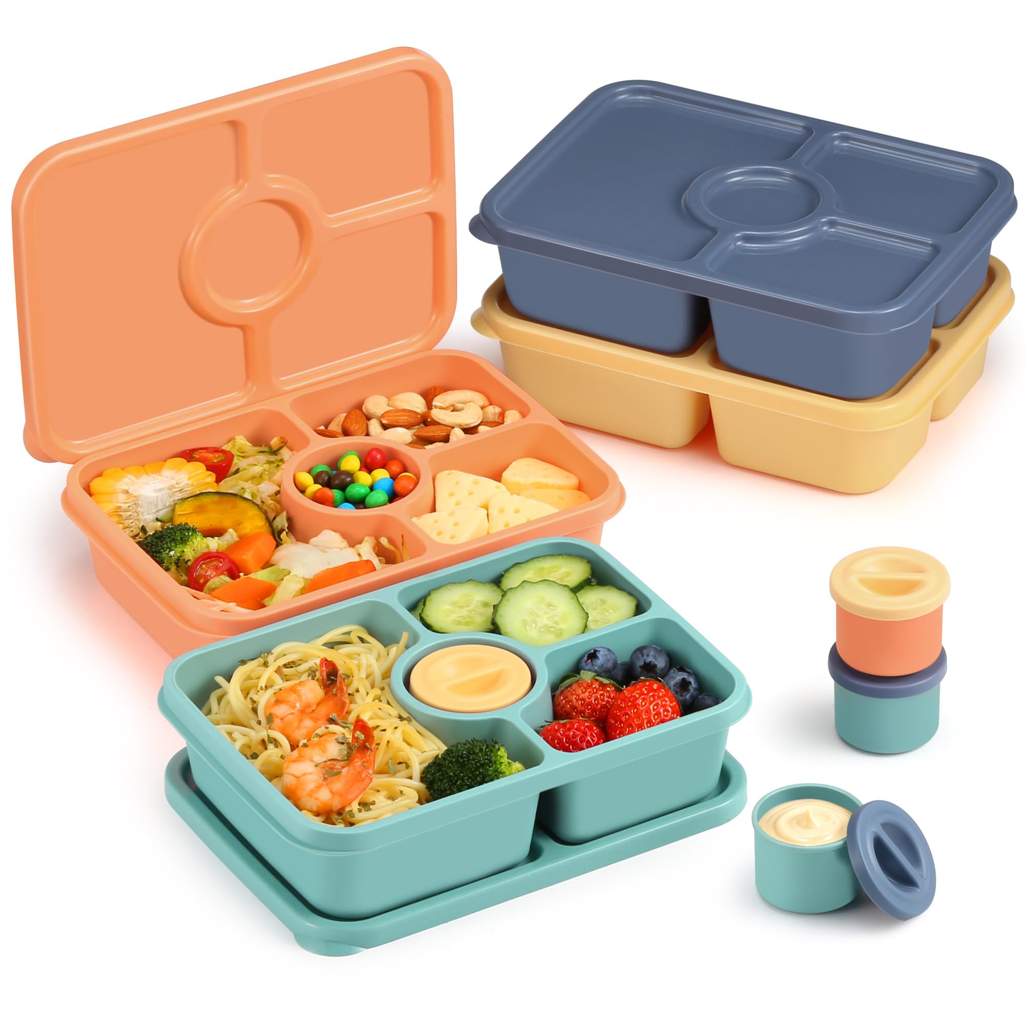 Bento Snack Box Containers, Reusable Meal Prep Lunch Containers for Adults Kids, Stackable Bento Snack Box 4 Pack, Divided Lunchable Food Storage Containers with Sauce Container, Orange Yellow