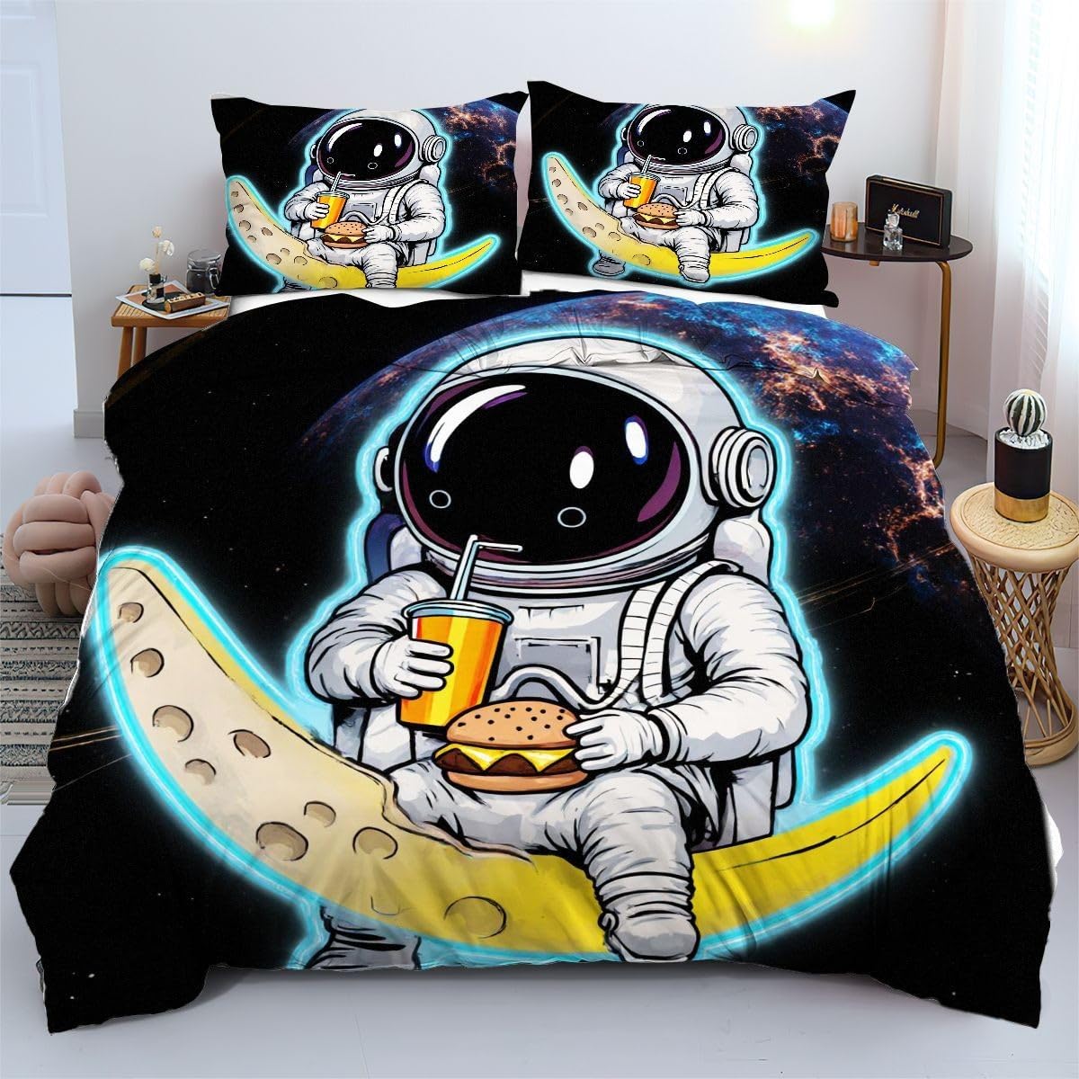 Ensemble de lit 140x200 astronaute blanc en microfibre anti-plis pour chambre enfant