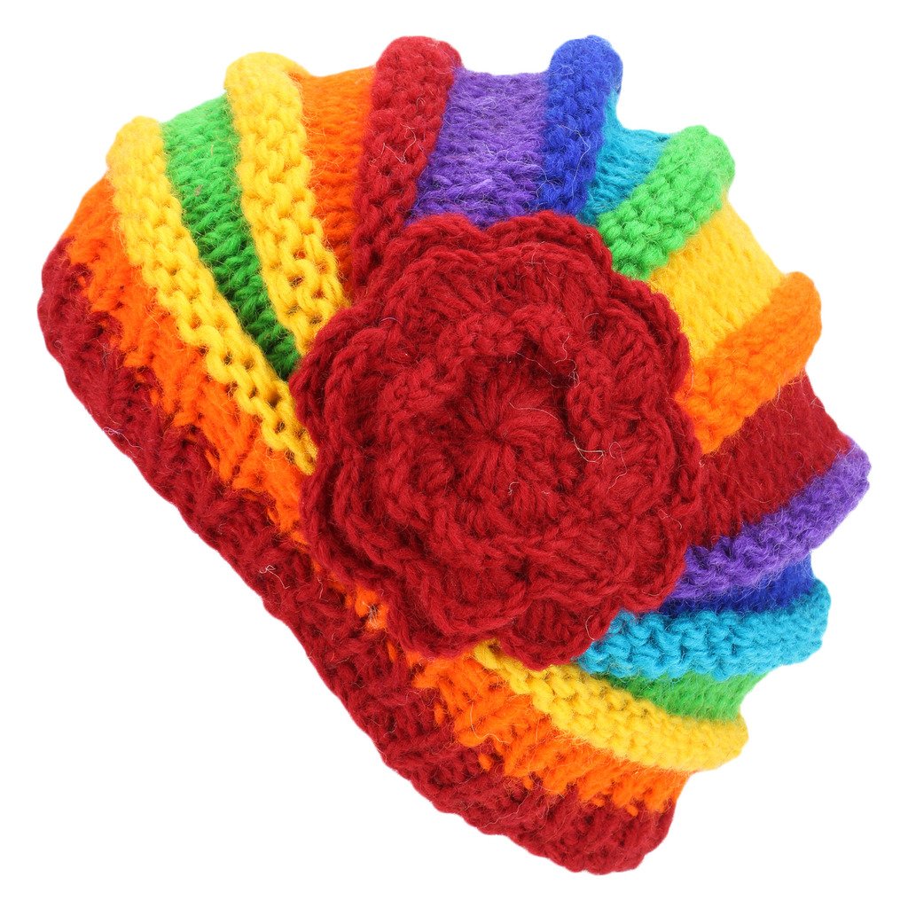 Loud Hats Women's Rainbow Wool Knit Beanie Hat Shell Shaped With Crochet Flower Applique