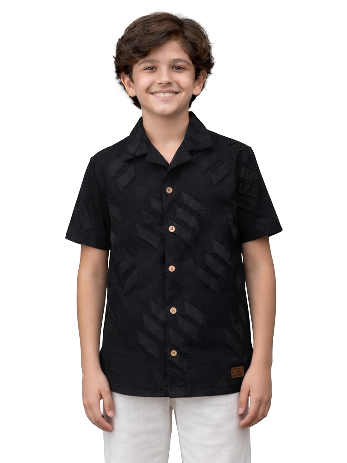 THE ROOT & RISE Boys Black Satin Self Pattern Cuban Collar Shirt Stylish Party Casual Wear Half Sleeve Trendy Summer Clothing