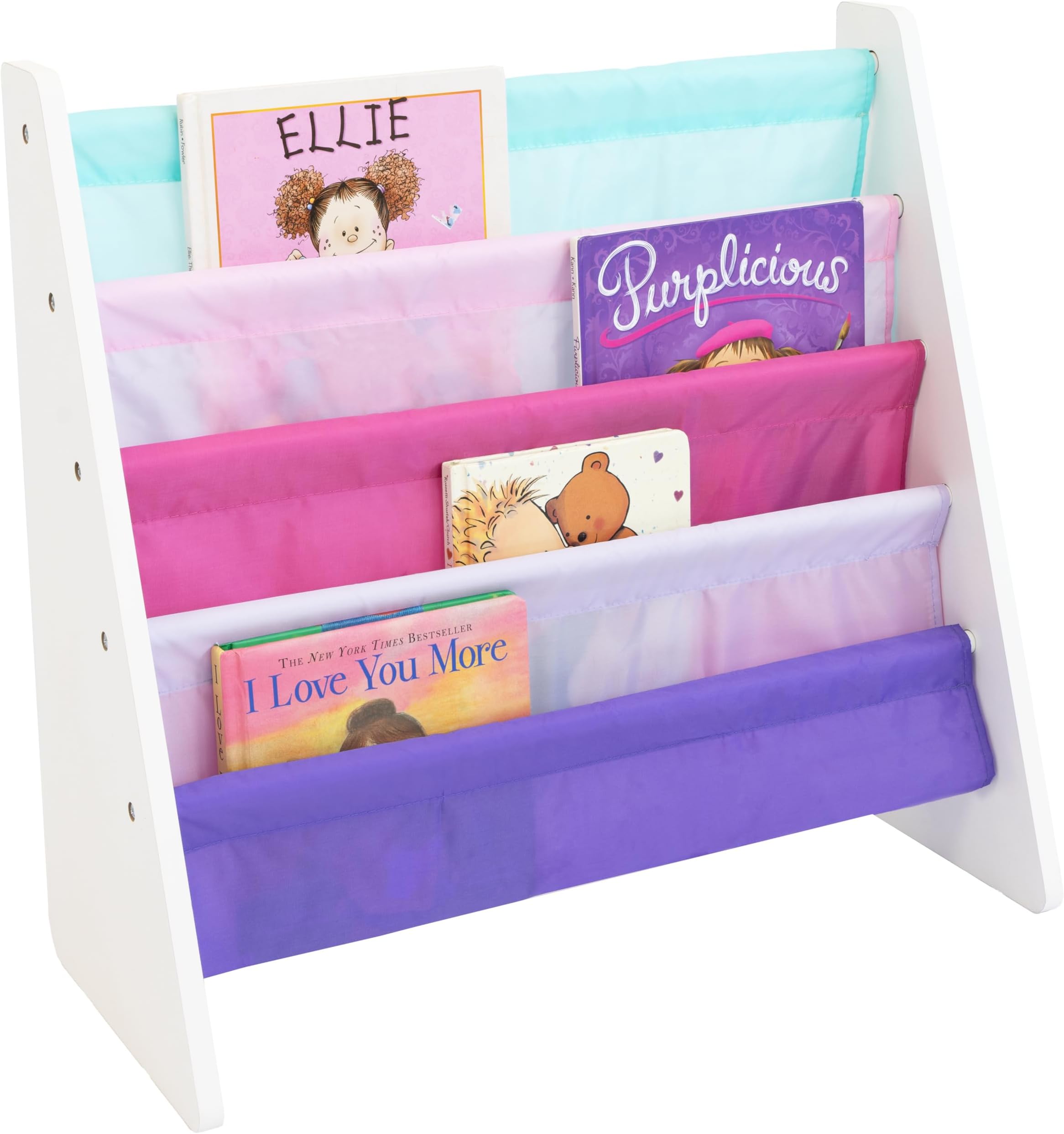 Humble Crew 4-Tier Kids Bookshelf, White/Pink/Purple/Blue - Premium Book Shelf for Kids Rooms with Four Deep Pockets - Toddler Sling Book Rack with Deep Sleeves, Nursery Bookcase Organizer