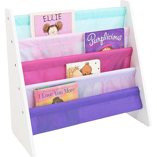 Humble Crew 4-Tier Kids Bookshelf, White/Pink/Purple/Blue - Premium Book Shelf for Kids Rooms with Four Deep Pockets - Toddler Sling Book Rack with Deep Sleeves, Nursery Bookcase Organizer