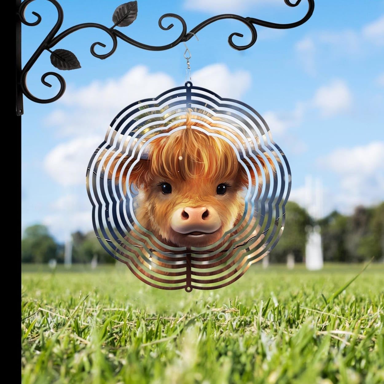 Highland Cow with Light Christmas Wind Spinners 3D Stainless Steel Laser Cut Metal Double Sided Printing-Hanging Indoor/Outdoor Decorations Yard Gardening Decor,Metal Kinetic Art 14x14 inches