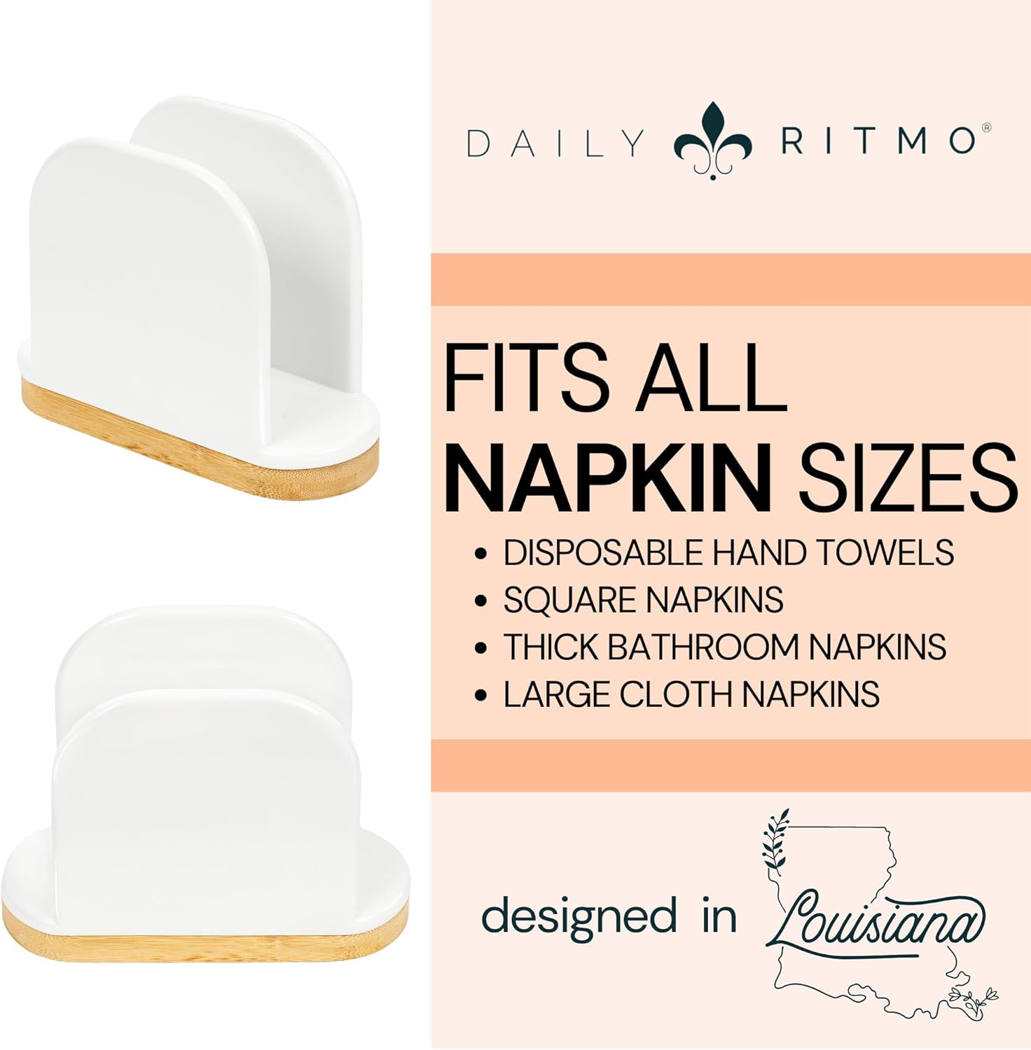 DAILY RITMO® White Standing Napkin Holder with Bamboo Bottom | Extended Weighted Base Vertical Design for Large Disposable Guest Towels & Paper Napkins | Modern Ceramic-Like Resin