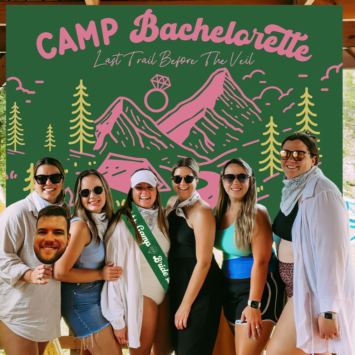 Camping Bachelorette Party Decorations Retro Sage Green Pink Balloon Garland Arch Kit Camp Bachelorette Backdrop Camp Bride Sash Flame Ornament for Camping Bridal Shower Party Decor Supplies