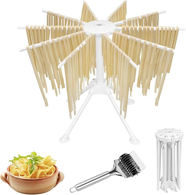 Hysagtek Collapsible Pasta Drying Rack with Pasta Cutter Plastic Household Noodle Stand with 10 Bar Handles Spaghetti Drying Rack Noodle Stand for Making Pasta Maker Noodles (White)