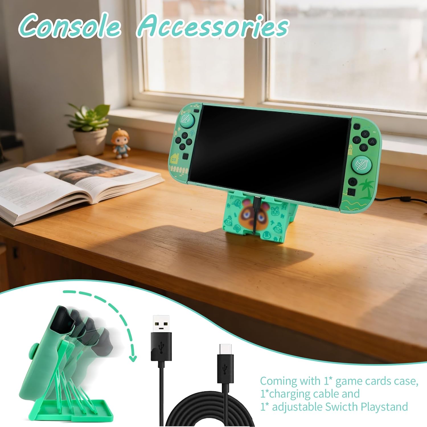 TIKOdirect Carrying Case for Switch 2 (2025), Cute Portable Travel Bag Accessories with Protective Cover, Screen Protectors, Stand, Game Card Case and 4 Thumb Grip caps[Keychain], Animal, Green image 3
