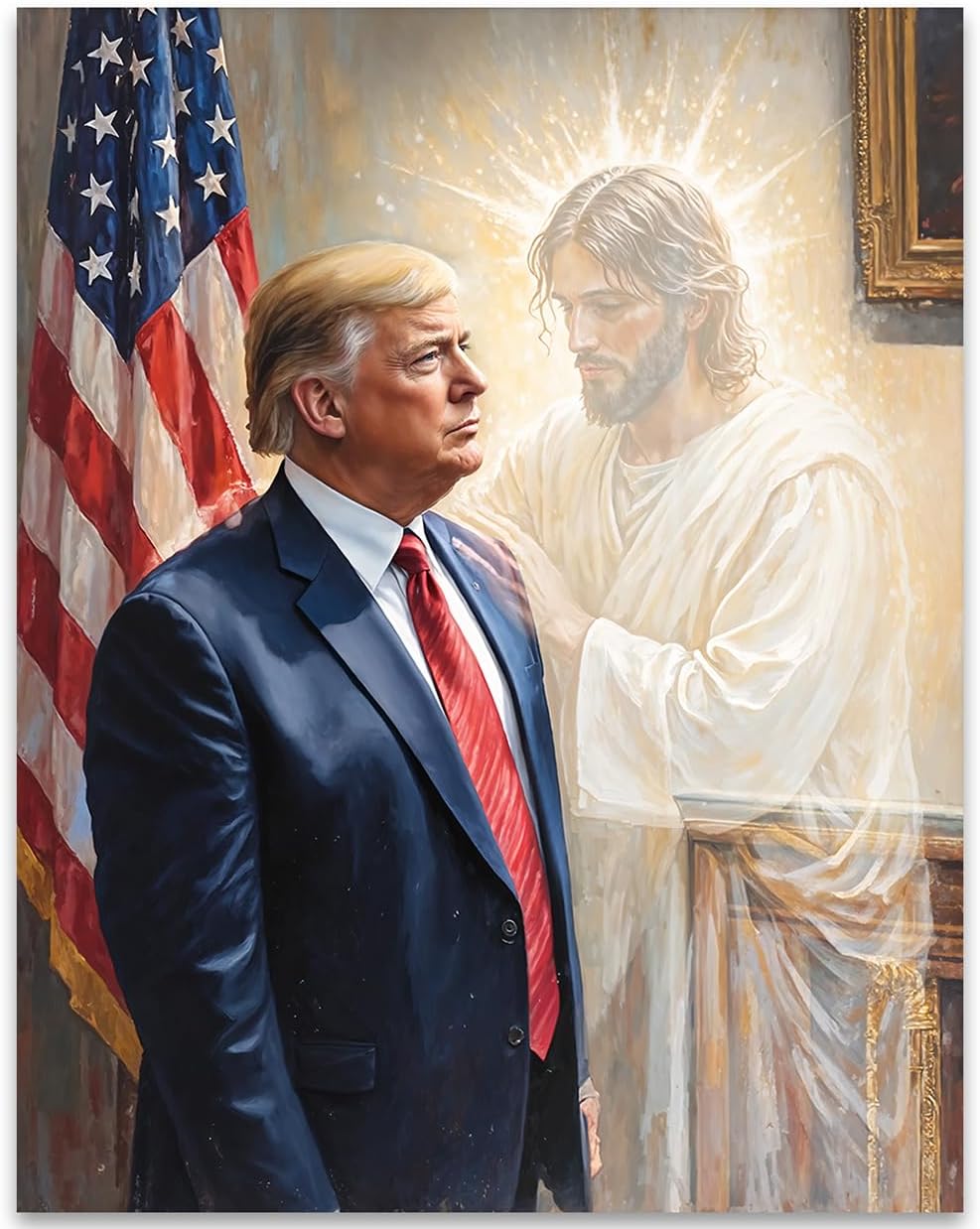 The Grace of God: Jesus & Trump Inspirational Painting 11x14 Unframed Poster - Religious Art Faith Leadership MAGA American Flag Patriotic Artwork for Home Office, Living Room, Conservative Christians