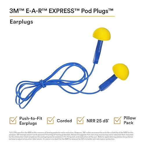 Miniatura 2 de 3M E-A-R Express Pod tapones para los oídos con cable, protección de la audición con sujeción de color azul 311-1114 con almohadilla (pack por 100),