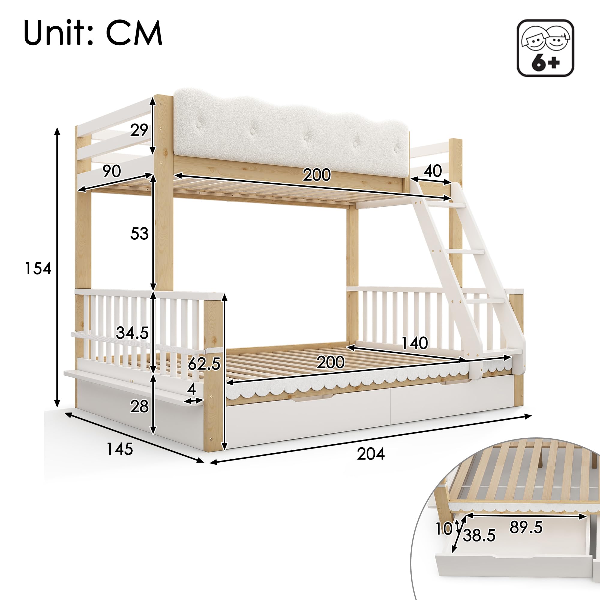 Zepneiy Lit Superposé 90x200 et 140x200 avec Balustrade nuageuse et tiroirs,Lit Enfant avec Porte-revues, pour Enfants et Adultes,Blanc et Chêne (sans Matelas)