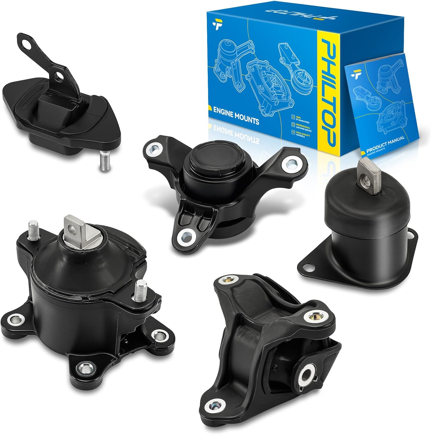 PHILTOP 5PCS Engine Motor Mount and Transmission Mount Set for Honda Accord 2008-2012, Crosstour 2012-2015, Acura TSX 2009-2014, L4 2.4L Only, Replace# A4565 A4572 A4570 A4584 A4561