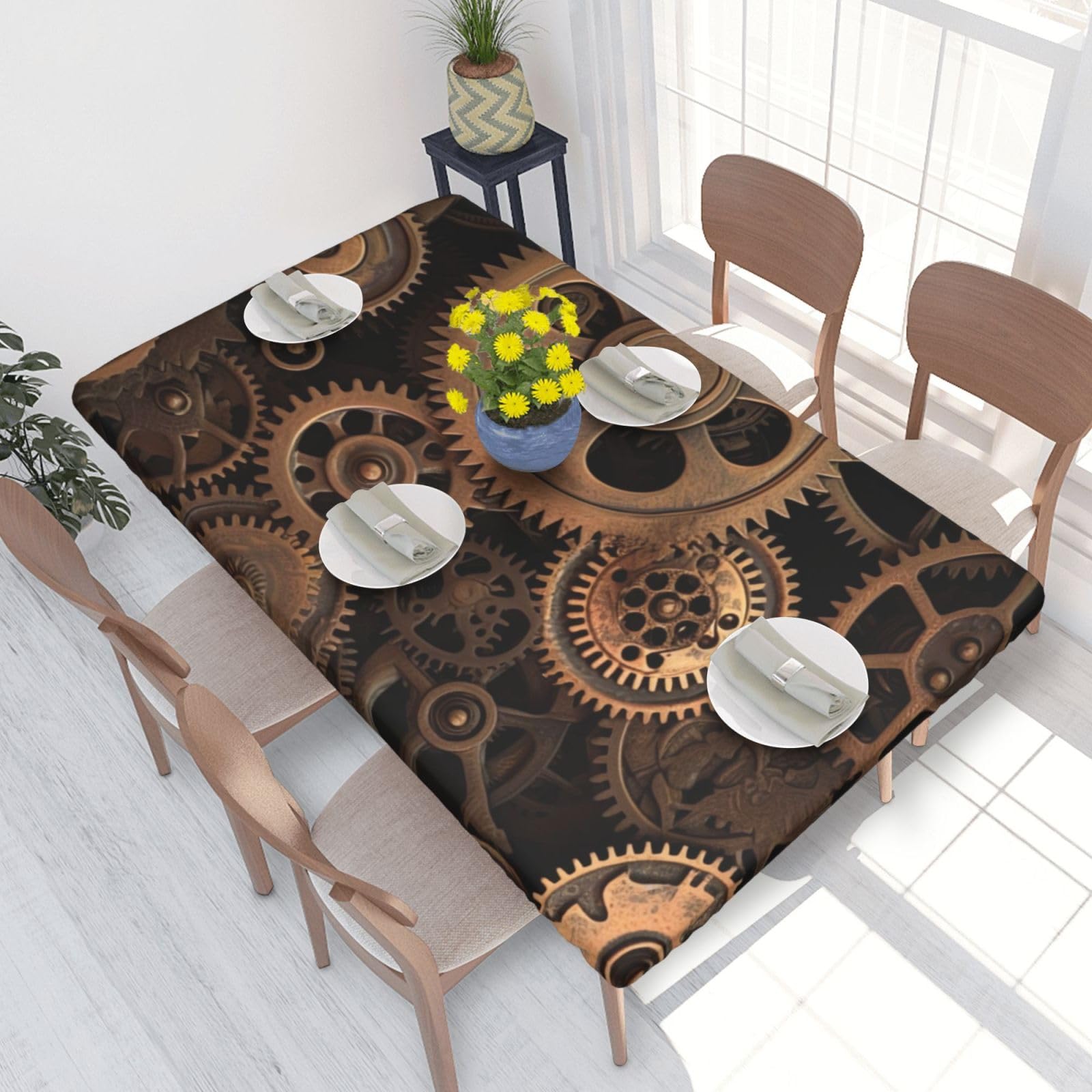 DCARSETCV Gears Bronze Century Printed 4FT Waterproof Tablecloth with Elastic Edged Protect & Decor Your Table, Oil-proof Washable Table Cloth Cover for Dinner Picnic Party