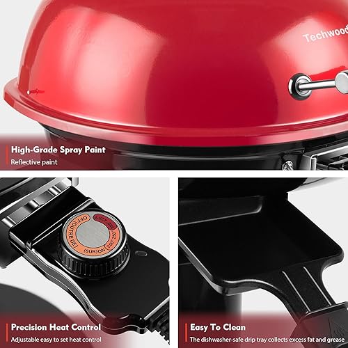 Miniatura 2 de Techwood - Parrilla eléctrica para barbacoa al aire libre, parrilla portátil extraíble de 1600 W con bandeja ajustable de calor y goteo, diseño de