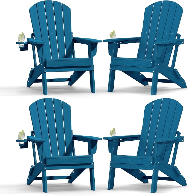 Plawdlik Folding Adirondack Chair, SGS Tested, Wooden Textured with Cup Holder, Heavy All-Weather HDPE Comfortable Set Poolside Backyard Lawn Navy Blue Set 4