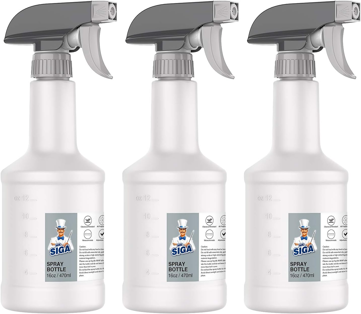 16 oz Plastic Spray Bottles for Cleaning Solutions, HDPE Commercial Grade Refillable Spray Bottles with Measurements and Adjustable Leak Proof Nozzle, 3 Pack