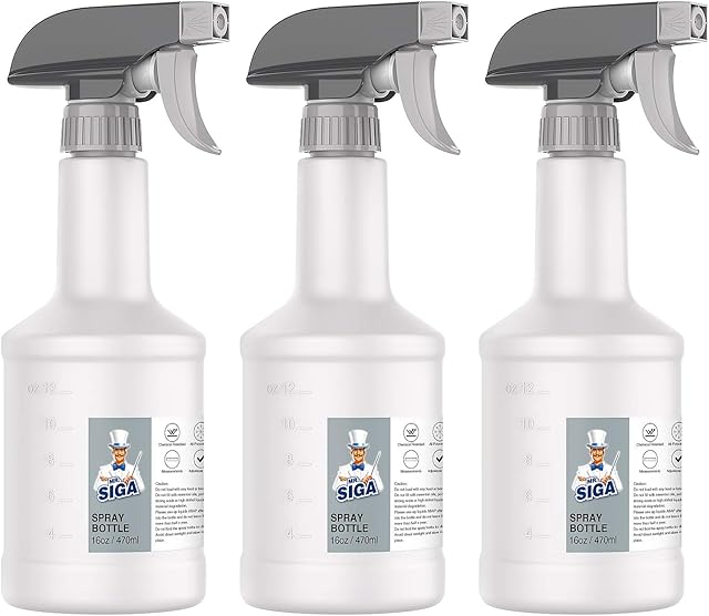 MR.SIGA 16 oz Plastic Spray Bottles for Cleaning Solutions, HDPE Commercial Grade Refillable Spray Bottles with Measurements and Adjustable Leak Proof Nozzle, 3 Pack