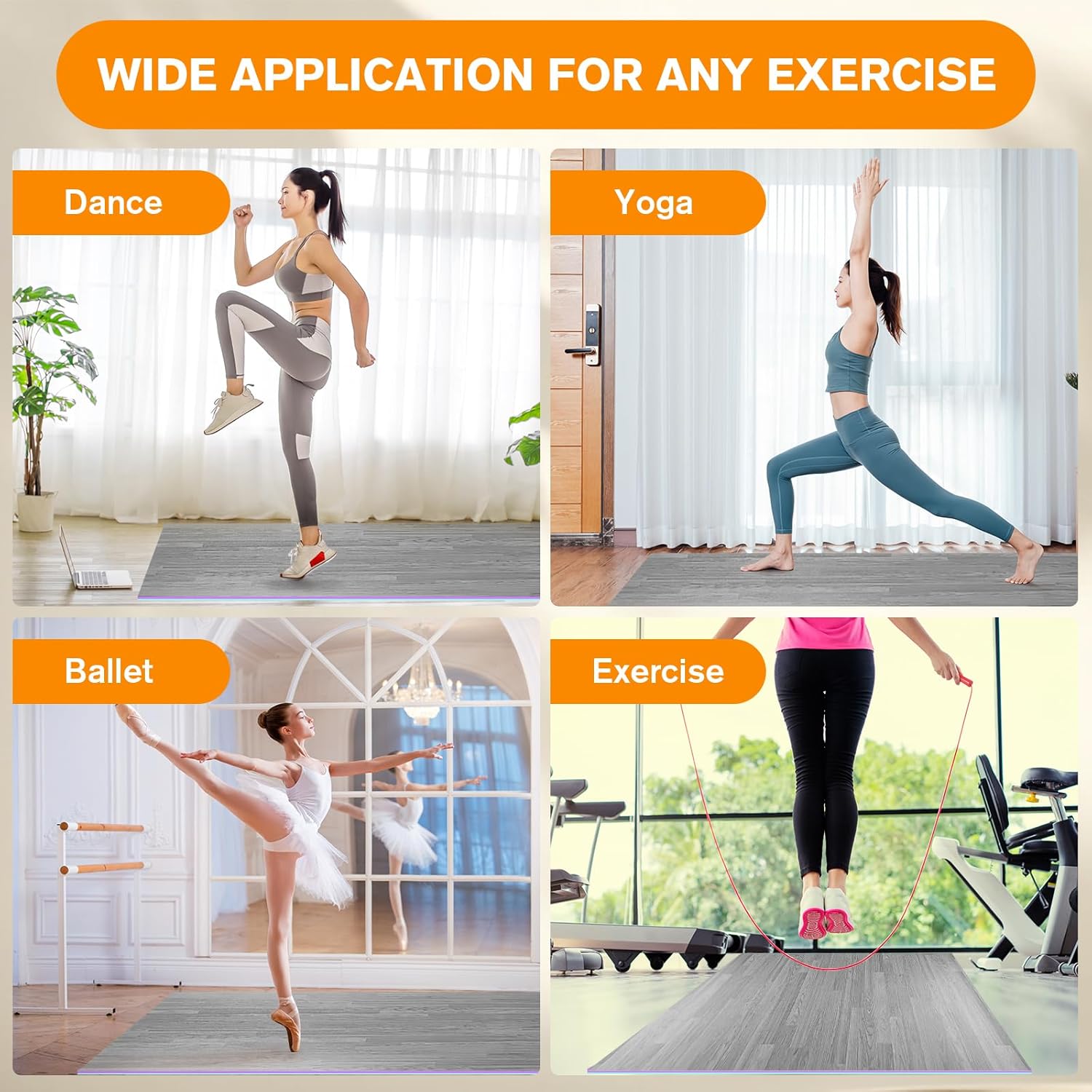 Non-Slip Marley Dance Floor 6ftx4ft, Portable PVC Workout Pad for Ballet Jazz & Pop Pilates and Events Grey/Natural Color