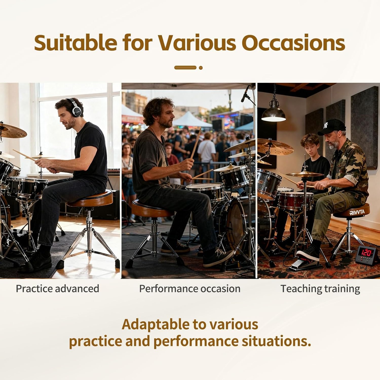 HEYOUTH Taburete de Batería Ajustable en Altura (45-56 cm), Plegable con Asiento Acolchado Antideslizante y Trípode – Estable Taburete para Baterista en Color Marrón para Bateristas y Percusionistas