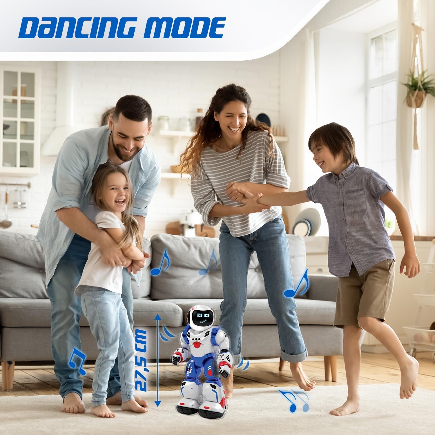 Xtrem Bots Bruce Motion Bot dancing with a family in a living room
