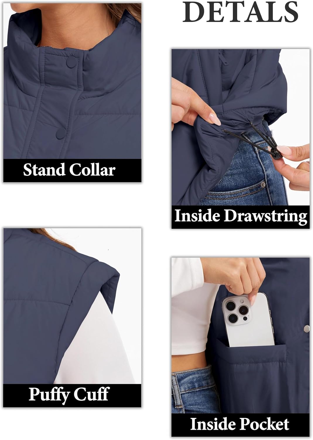 SMENG Womens Puffer Vest Sleeveless Cropped Stand Collar Button Zip Up Slanted Shoulder Warm Outerwear
