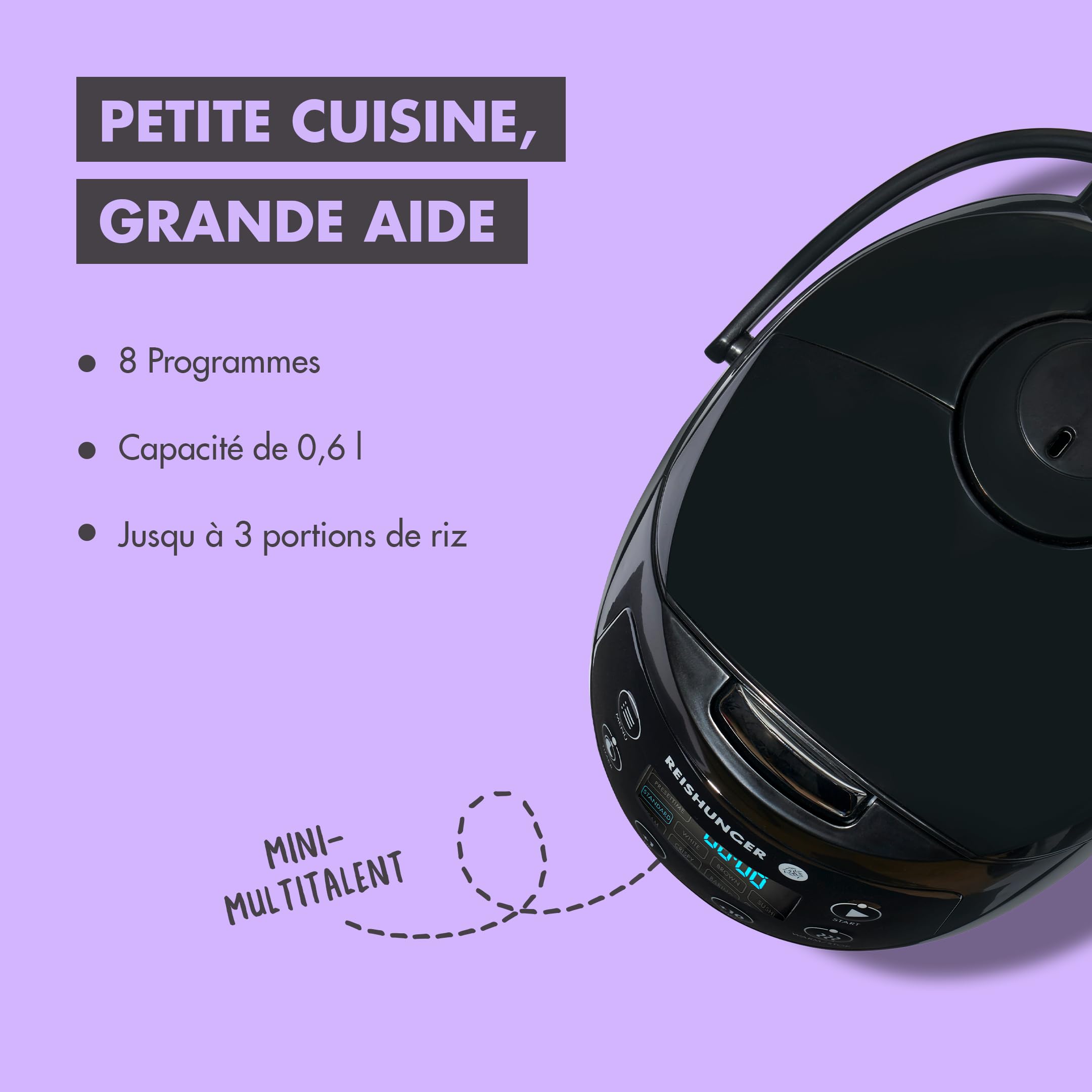 Reishunger Mini Auto Cuiseur Riz (rice cooker) Japonais et Cuiseur Vapeur Gris avec la Fonction de Maintien au Chaud et Bol en Céramique, dont Cuillère et Tasse à Mesurer – 0,6 l pour 1-3 personnes