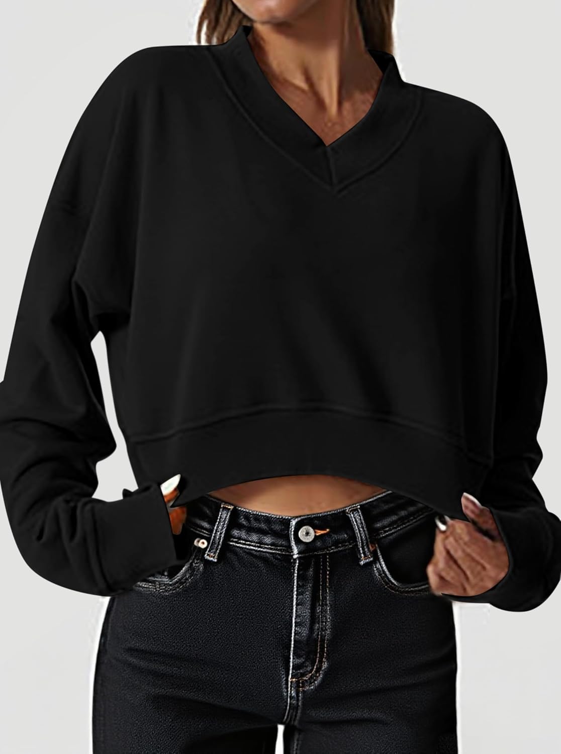 Remidoo Women's V Neck Cropped Sweatshirt Long Sleeve Loose Fit Drop Shoulder Pullover Top - Image 3
