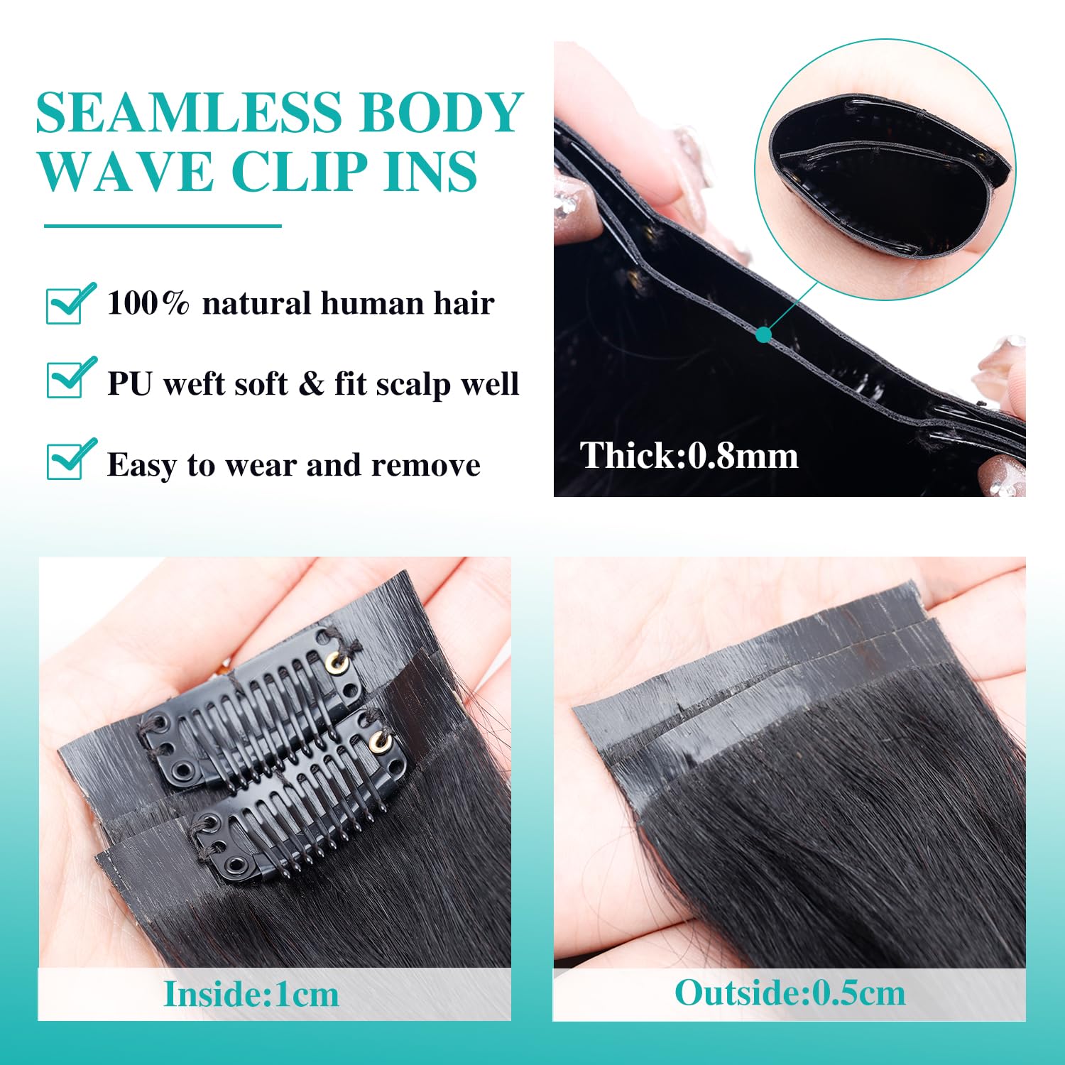 Seamless Clip In Hair Extensions Real Human Hair Invisible PU Skin Weft Body Wave Clip Ins 100% Unprocessed Brazilian Remy Human Hair Extensions 7pcs with 16Clips 100g（Natural Black,16 inch）