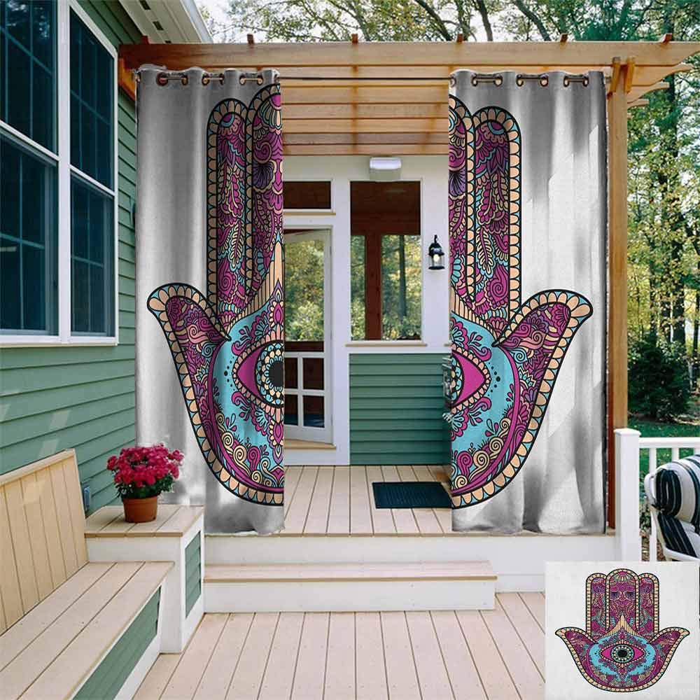 Extra long outdoor curtain Hamsa Doodle Zentangle Style Bohemian Old Fashioned Floral Swirls All Seeing Eye Darkening Thermal Insulated Blackout W108"x L84" Magenta Aqua Peach