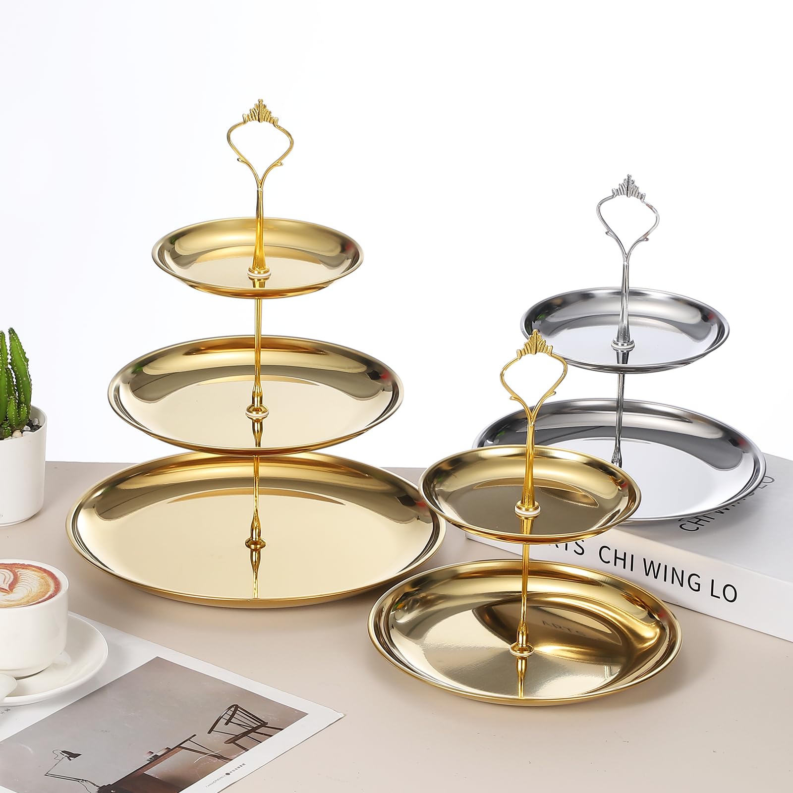 sourcing map Lot de 2 supports à cupcakes à 3 niveaux ronds en acier inoxydable pour table de dessert, fruits, décoration de fête d'anniversaire, argenté