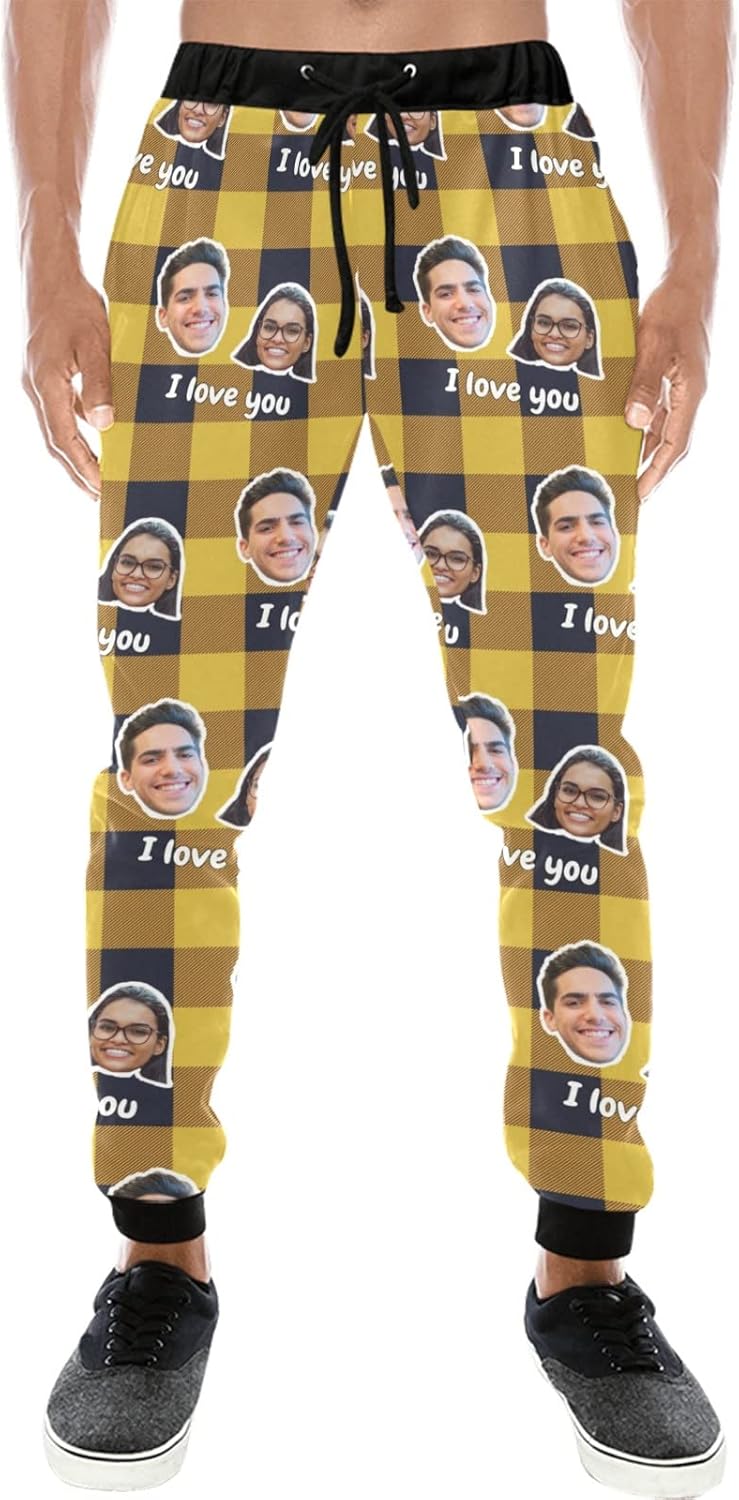 Custom Face Photo Sweatpants for Men, Personalized Plaid Joggers Pants Active Yoga Trousers, Gift for Boyfriend Husband