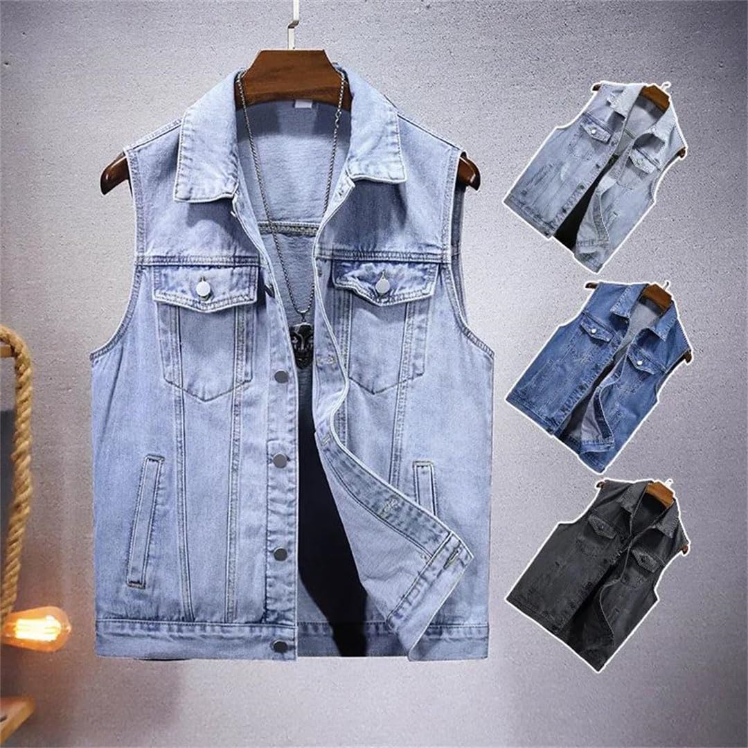 Gilet da uomo in denim multi tasche senza maniche vintage con risvolto giovanile denim gilet