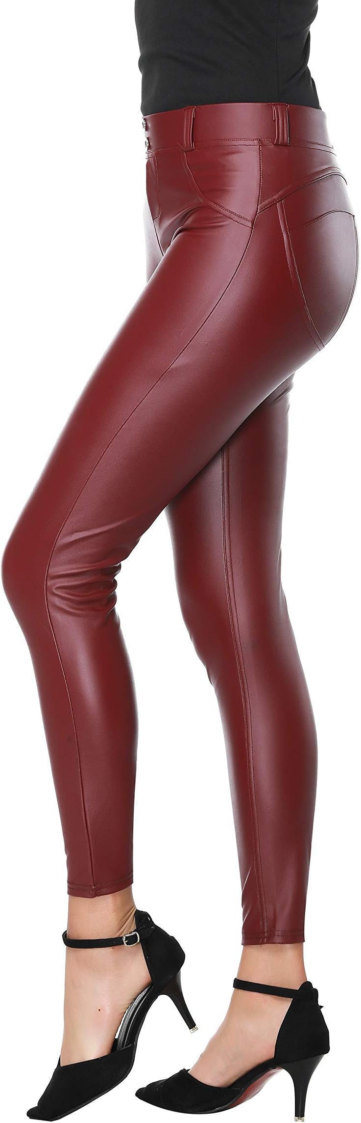 Faux Leather PU Elastic Shaping Hip Push Up Pants Black Thick Sexy Leggings for Women