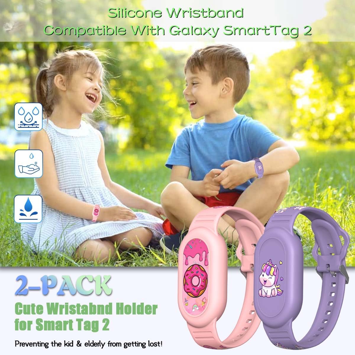 [2Pack] Cute Bracelet for Galaxy SmartTag 2 (2023), Silicone Cartoon Smart Tag 2 Wristband Holder Compatible with Samsung SmartTag 2 Waterproof Smart Tag 2 Case for Women (Unicorn & Donuts)