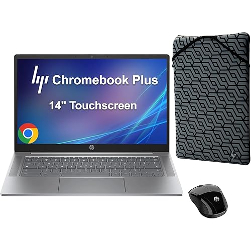 HP Chromebook Plus 14 Laptop (14" FHD Touchscreen, Intel Core i3-N305, 8GB DDR5 RAM, 256GB UFS), 1080p Webcam, Backlit Keyboard, Fast Charge, Wi-Fi 6, Chrome OS w/Wireless Mouse & Protective Sleeve