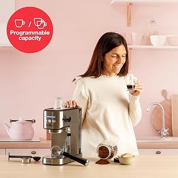 Solac Taste Slim Pro Inox - Cafetera Espresso 20 bares | 2 cacillas | Calientatazas | Calentamiento Thermoblock | Parada Automática | 1L | Acero Inoxidable | Programable | Libre de BPA3
