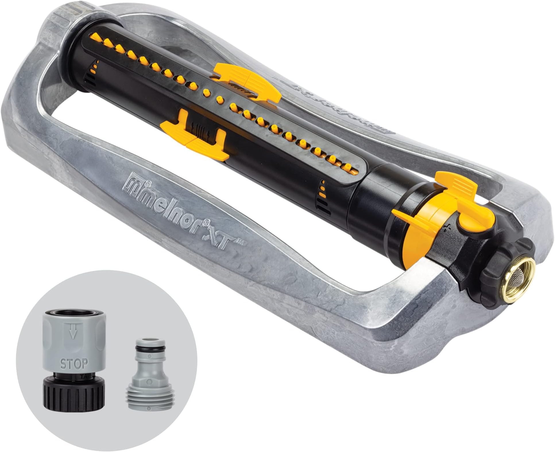 Melnor 65154AMZ XT Turbo Oscillating Sprinkler,Metal Base,4,500 sq. ft.,Quick Connect Bundle,3-Way Adjustable,Black,Yellow,(Pack of 12)