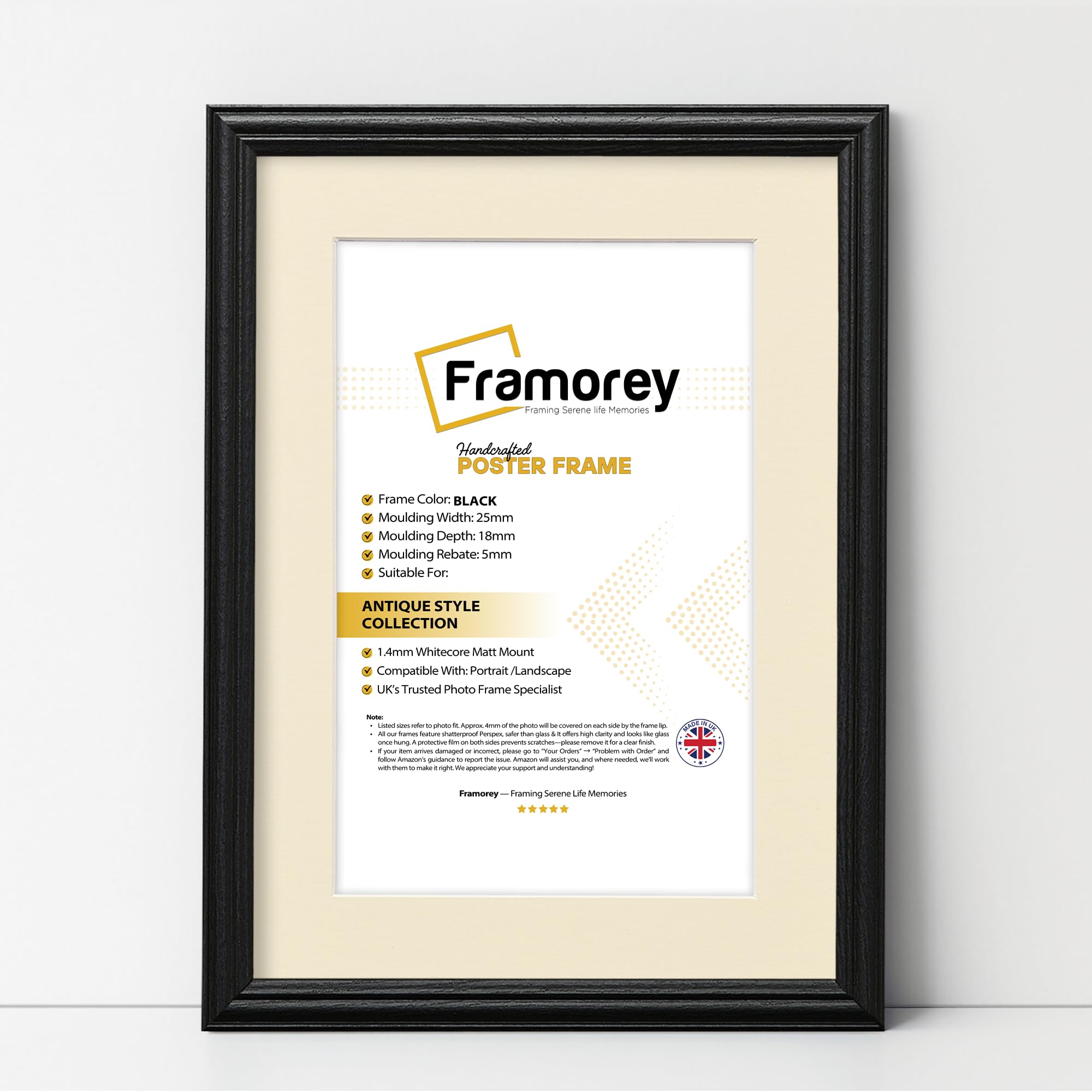 FRAMOREY LW Antique Style Photo Frames 14x11" Size Black Picture Frame With 11x9" Size Ivory Mount, Modern Art Picture Frames, Wall Hanging Poster Frame, Photo Print Frames