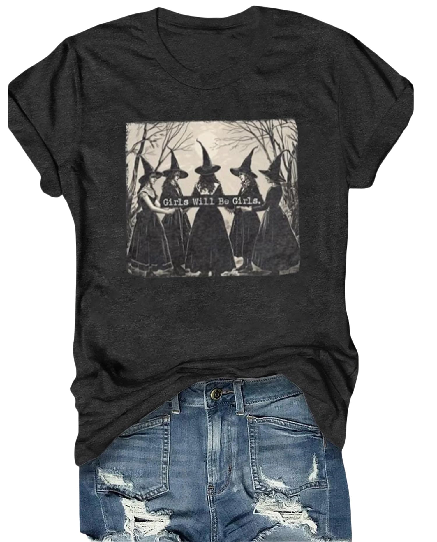 Halloween Shirts for Women Witch Graphic T-Shirt Funny Casual Short Sleeve Shirt Witchy Vibes Fall Outfit
