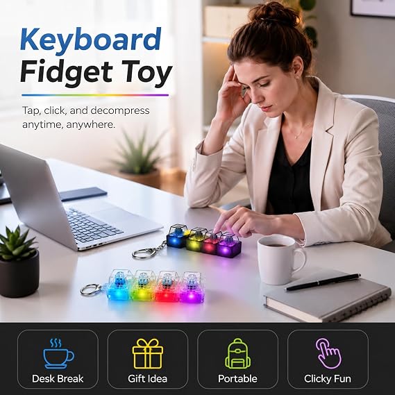 3PCS Keyboard Fidget, Keyboard Clicker, Colorful Effect, Transparent White and Black Keychain Design, Compact Size for Portable Use