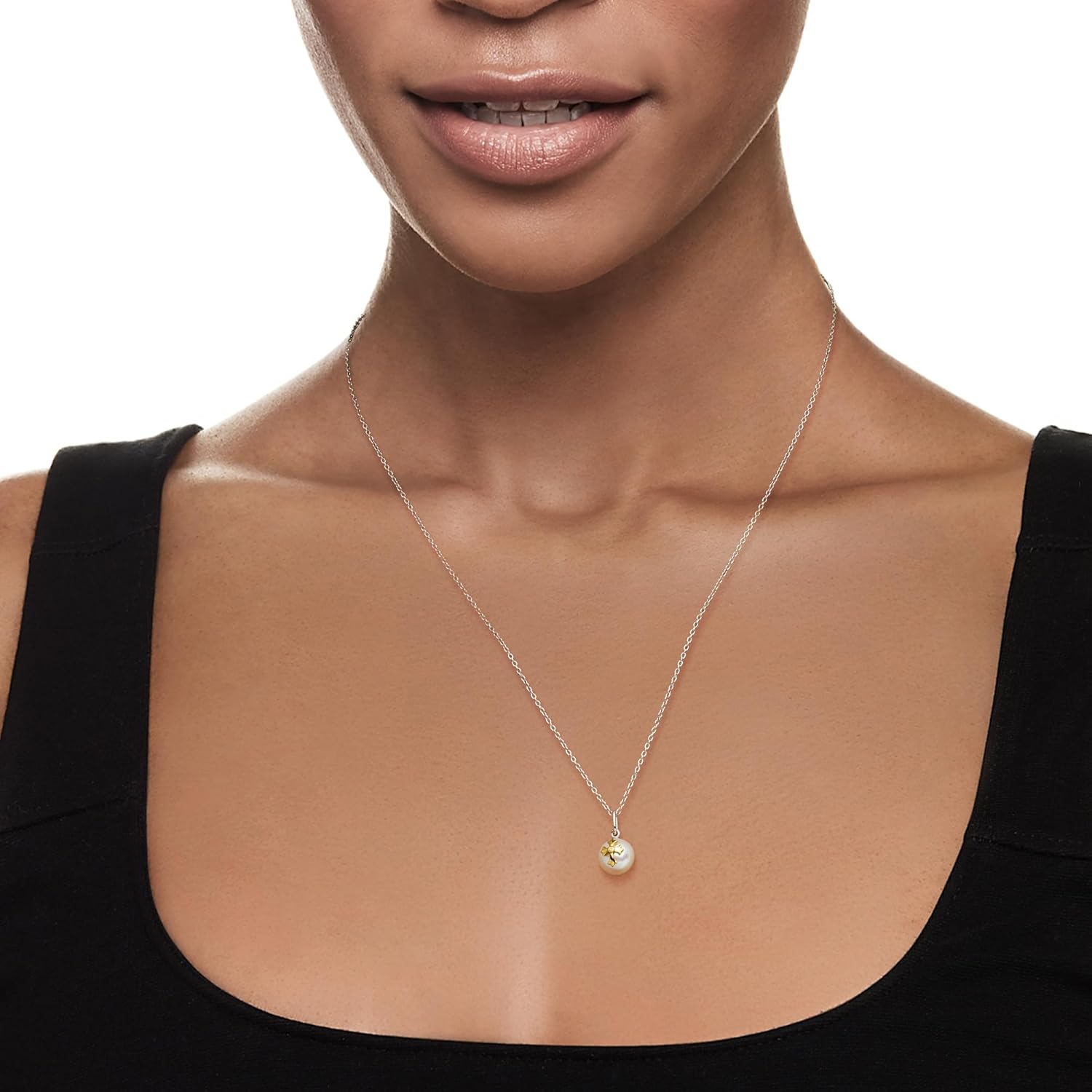 Ross-Simons 8.5-9mm Cultured Pearl Cross Pendant Necklace With Single Diamond in 14kt Yellow Gold and Sterling Silver. 18 inches